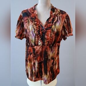 Elementz Short Sleeve Ruffle Empire Waist Blouse XL Artsy Bold Abstract Womans